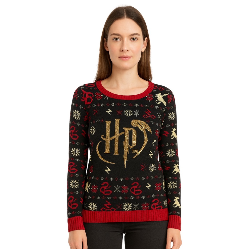 Harry Potter Christmas Sweater Fair Isle Gold Sequin Holiday Ugly Sweater